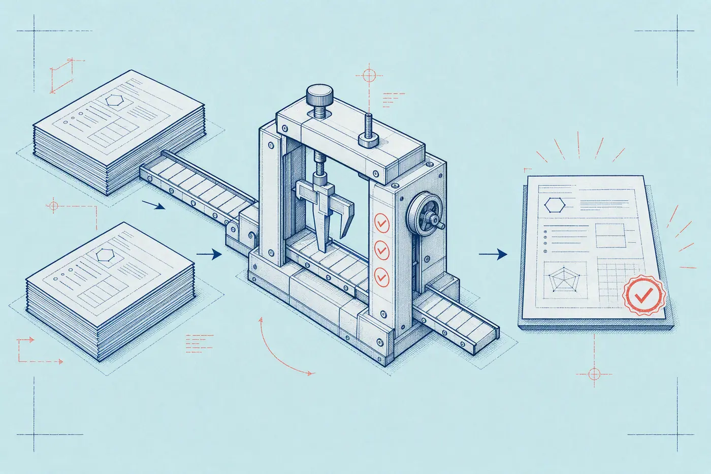 Blueprint drawing of two document stacks passing through an inspection gate and emerging as a checked report